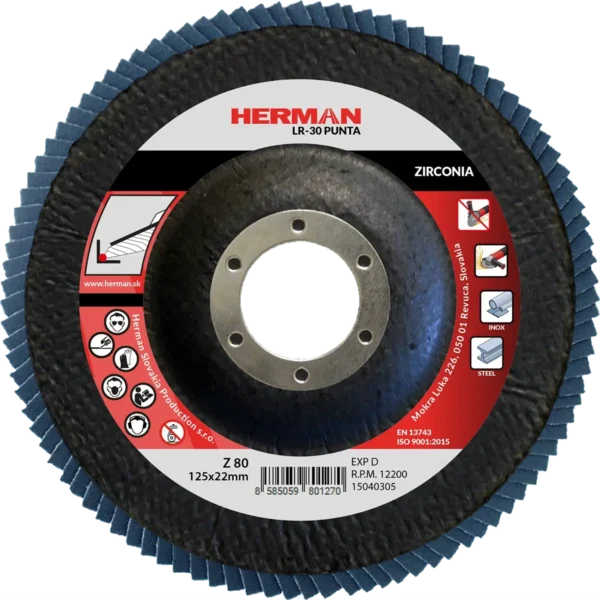 Lamellás csiszolótárcsa HERMAN LR-30 Punta 125mm | P80 | zirconia